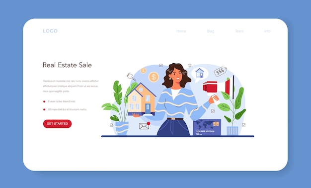 Real estate industry web banner or landing page. Property buying and selling. Realtor assistance and help in house selection and mortgage contract development. Flat vector illustration