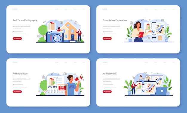 Веб-баннер или целевая страница индустрии недвижимости. Объявление о продаже недвижимости, объявление о сдаче квартир в аренду. Презентация и фотосъемка риэлторского дома. Плоские векторные иллюстрации