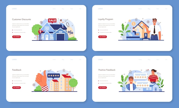 ベクトル 不動産業界のwebバナーまたはランディングページセット。正のフィードバック