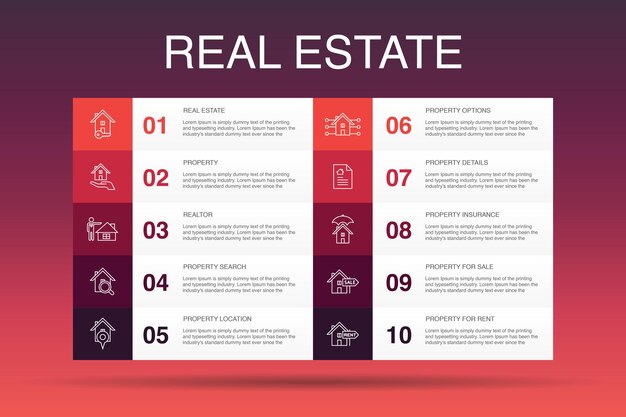 Real estate infographic 10 optie sjabloon. onroerend goed, makelaar, locatie, onroerend goed te koop eenvoudige pictogrammen