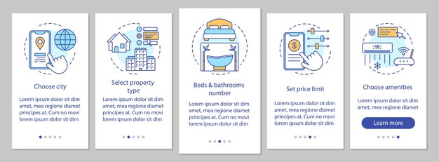 Schermata della pagina dell'app mobile di onboarding del contratto di locazione immobiliare con concetti lineari. seleziona città, proprietà, cose, prezzo passo passo istruzioni grafiche. modello vettoriale ux, ui, gui con illustrazioni