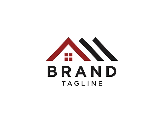 不動産のロゴ。黒と赤の家のシンボル ホワイト バック グラウンドに分離された幾何学的な直線的なスタイル。