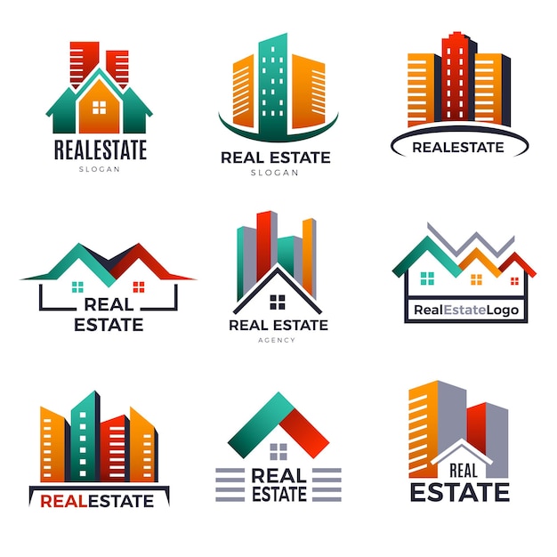 Real estate logo buildings luxury houses home pictures stylized recent vector badges collection