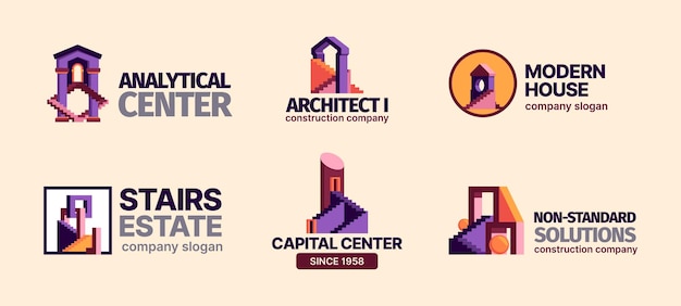 Real estate logo Business identity symbols of colored stylized geometrical apartments and cityscape buildings garish vector flat templates