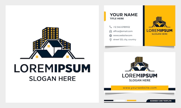 Дизайн логотипа недвижимости, архитектура здания с шаблоном визитной карточки
