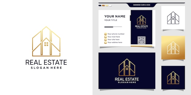 Real estate logo design inspiration with line art style and business card design premium vector