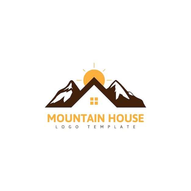不動産のロゴデザインテンプレート。山と日の出のある家
