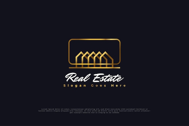 Real estate logo design con stile di linea in oro sfumato. modello di progettazione del logo di costruzione, architettura o edificio