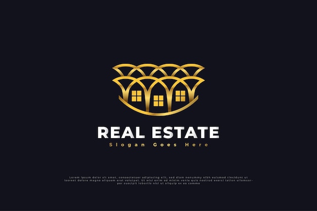 Real estate logo design con stile di linea in oro sfumato. modello di progettazione del logo di costruzione, architettura o edificio