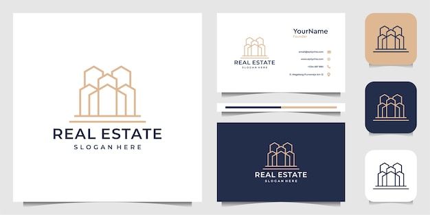 Дизайн иллюстрации логотипа недвижимости в стиле арт линии. логотип и визитка