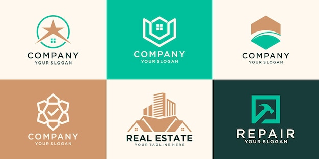 Набор логотипов недвижимости, коллекция логотипов creative house, набор логотипов абстрактных зданий.