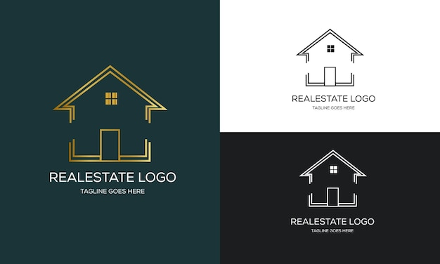 Modello di logo immobiliare con badge premium in stile creativo dorato per il logo dell'agente immobiliare venduto vettoriale