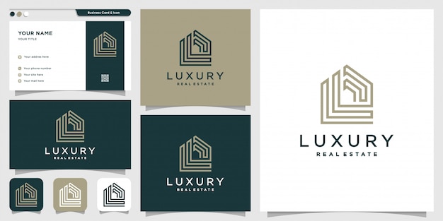 Real estate logo with line art style and business card design template, building, construction, estate, new concept, monogram