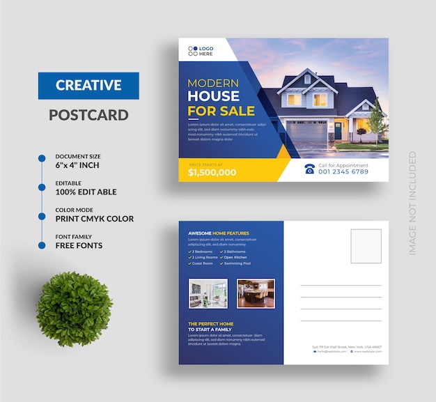 Real estate modern home sale post card design template