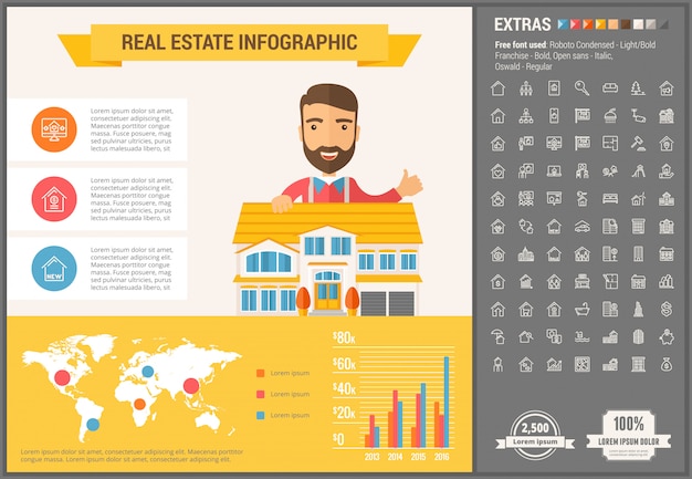 Vector real estate platte ontwerpsjabloon infographic en pictogrammen instellen