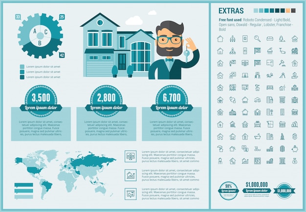 Real estate platte ontwerpsjabloon infographic en pictogrammen instellen