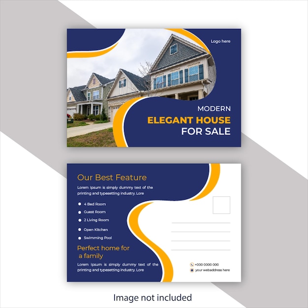 Real estate post card design blue and yellow template