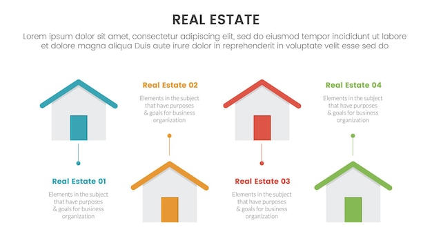 real estate property infographic template banner with small house up and down with 4 point list information for slide presentation