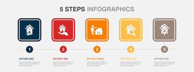 Real estate property realtor property search property location icons infographic design template creative concept with 5 steps