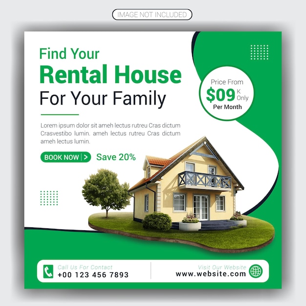 Real estate rental home for rent or house property instagram social media post design template