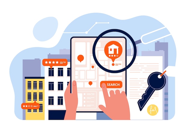 Real estate searching. Houses rent viewing on mobile device screen app search house concept isometric. House search sale, real property estate illustration