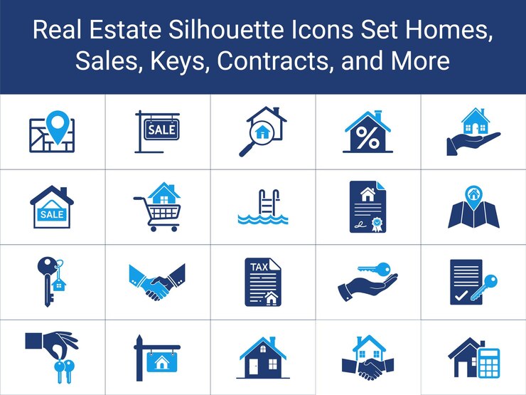 Vector real estate silhouette icons set homes sales keys contracts and more