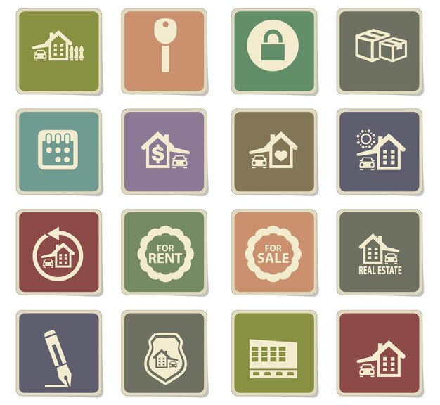 Real estate vector icons on cardboard labels