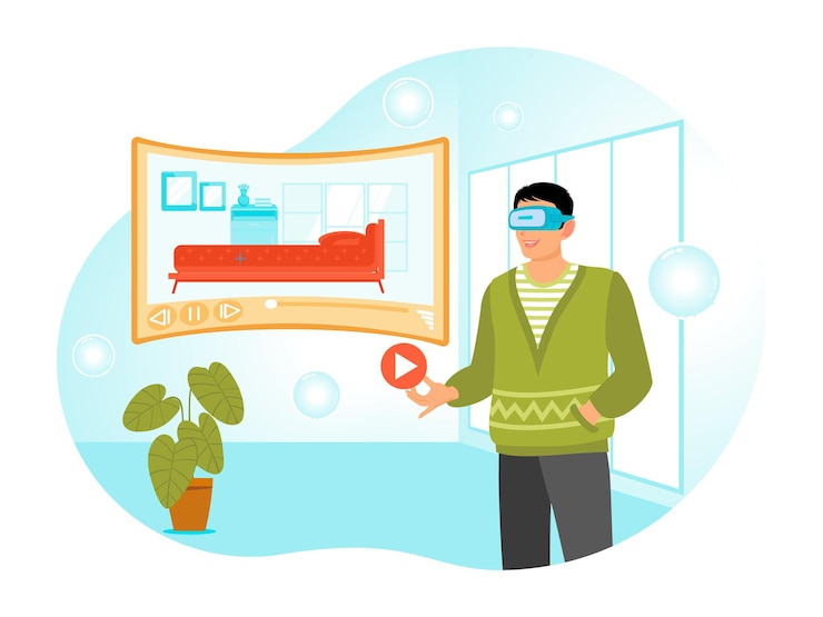 Vector real estate virtual tour concept man exploring virtual interior in a modern room