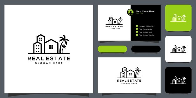 Real estate with building and house logo design and business card