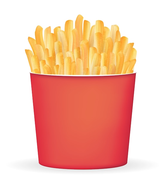 real french fries in a red bucket package vector