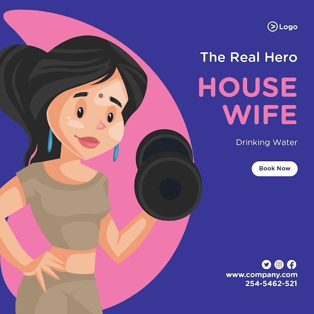 Il design del banner del vero eroe con la casalinga sta tenendo il manubrio