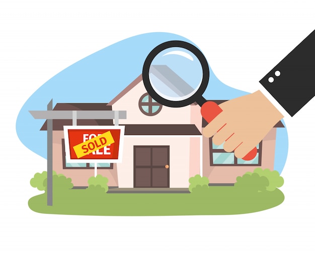 Vector real state house sold and businessman with magnifying glass