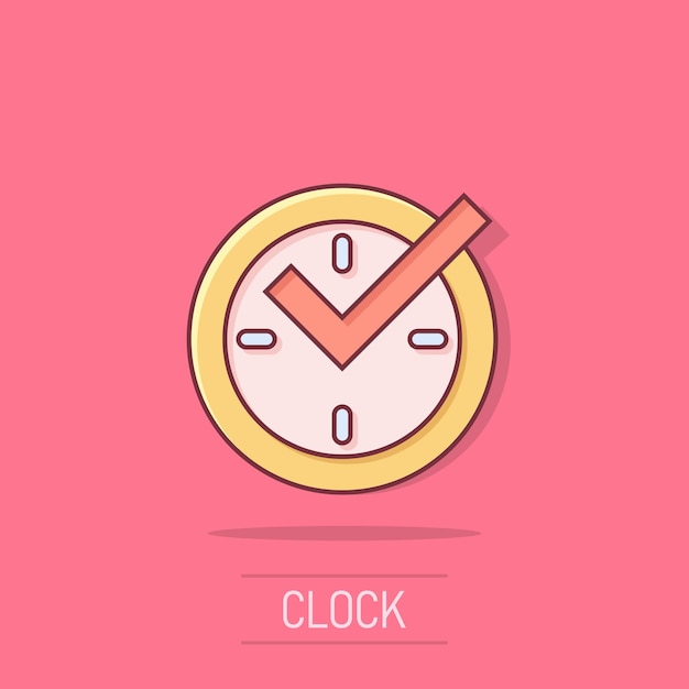 Vector real time icon in comic style clock vector cartoon illustration on white isolated background watch business concept splash effect