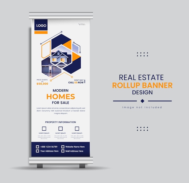 Realestate home for sale or rent rollup banner design with hexagon shapes
