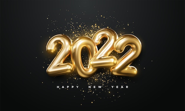 Realistic 2022 golden numbers and festive confetti on black background. Vector holiday illustration. Happy New 2022 Year. New year ornament. Decoration element with tinsel