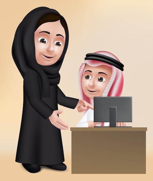 ベクトル 黒を身に着けているコンピュータ学校で学生の男の子を教える現実的な3dアラブの女性教師のキャラクター
