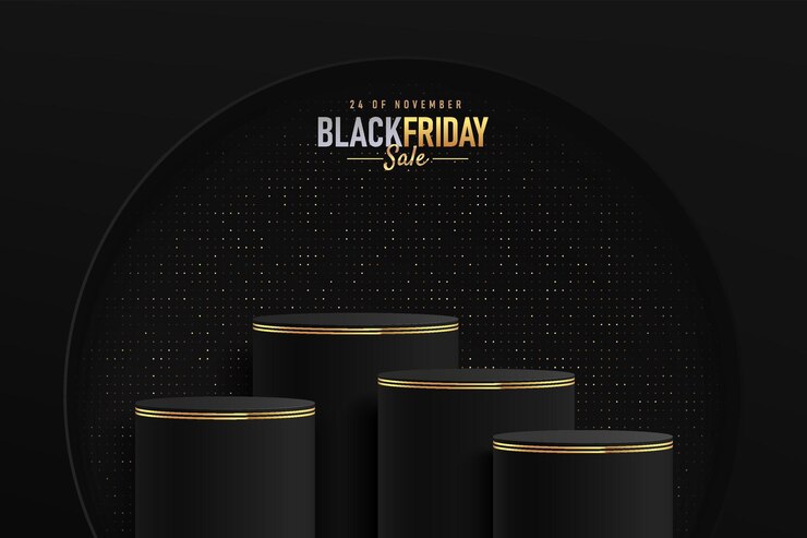 Vector realistic 3d black cylinder stand podium set with golden glitter luxury black friday sale scene