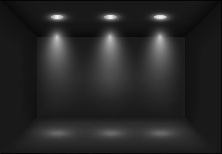 Vector realistic 3d black light box with spotlights or projector. showroom illumination. lightbox background for show, exhibition. studio interior blank and empty template.