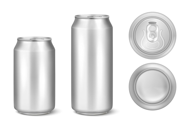 Вектор Реалистичная 3d пустая металлическая алюминиевая упаковка для безалкогольных напитков для пива может установить