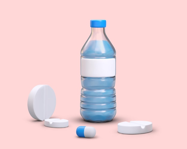 Realistic 3d bottle of water and different pills Collection for first aid