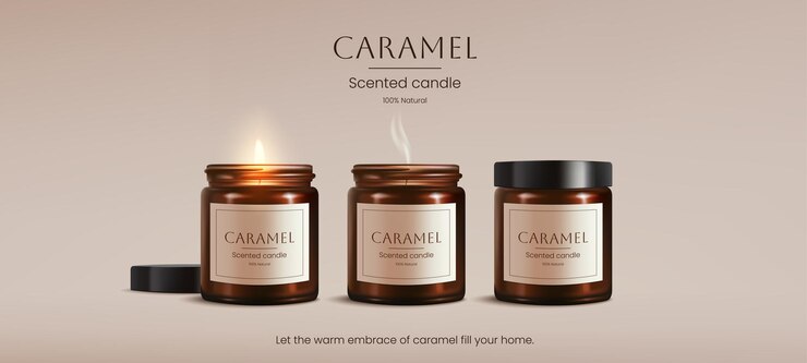 Vector a realistic 3d caramel scented candle in brown glass with black lid for a spa design mockups