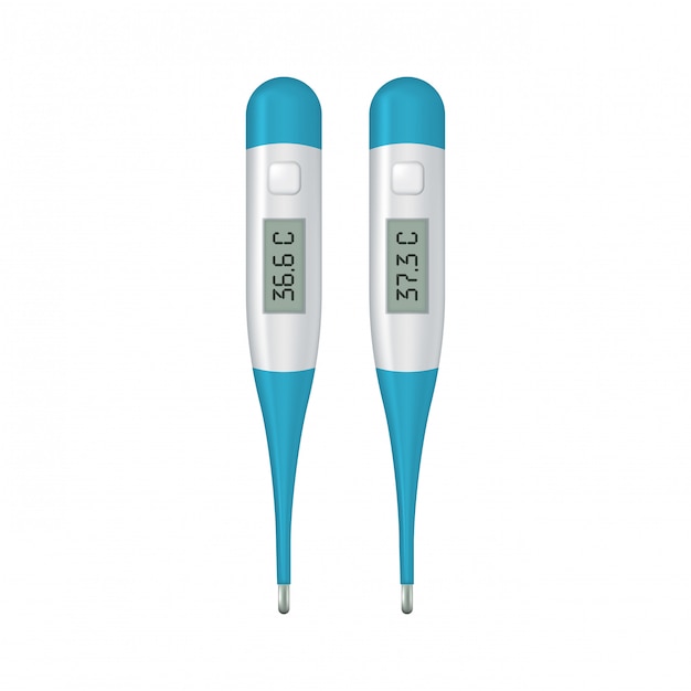 Realistic 3d celsius electronic medical thermometer for measuring set closeup isolated.