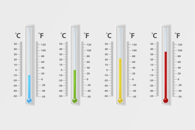 현실적인 3d 섭씨와 화씨 기상학 날씨 온도계 기호 아이콘 세트 근접 촬영 절연