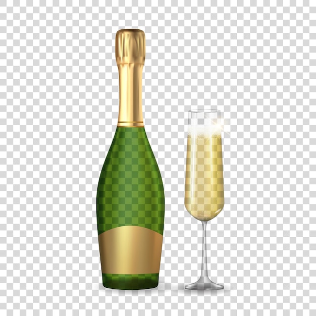 Realistic 3d champagne golden bottle and glass icon isolated