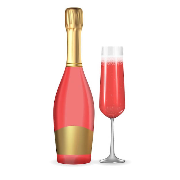 Realistic 3d champagne rose pink and golden bottle and glass icon isolated