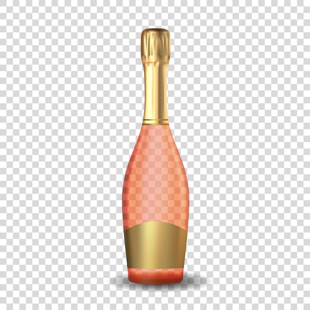 Realistic 3d champagne rose pink and golden bottle icon isolated