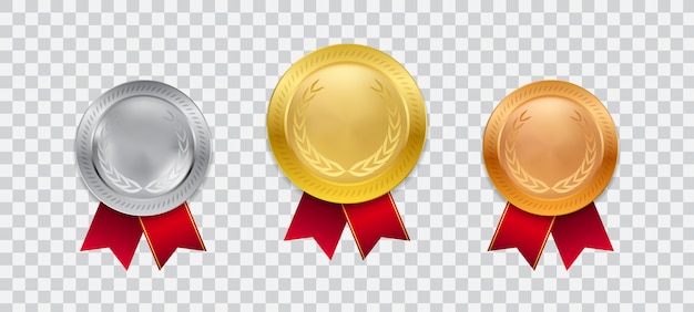 Vector realistic 3d champion gold medal with red ribbon illustration