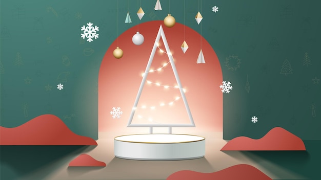 現実的な 3 D クリスマス テンプレート台座またはショー製品表示用スタンド表彰台緑の背景にクリスマスの装飾