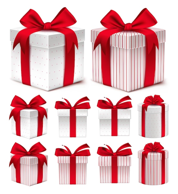 Realistic 3D Collection of Colorful Red Pattern Gift Box with Ribbon and Bow for Birthday