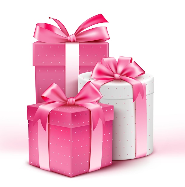 Вектор Реалистичная 3d коллекция красочных подарков для дам с розовой лентой на день рождения